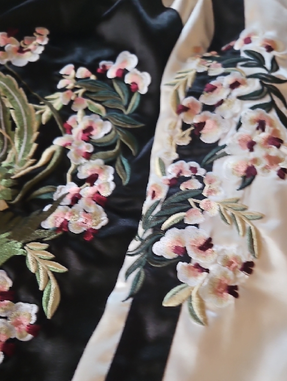 Floral Embroidered Black Satin Bomber Jacket with Pink Accents/ Reversable - Picture 7 of 10